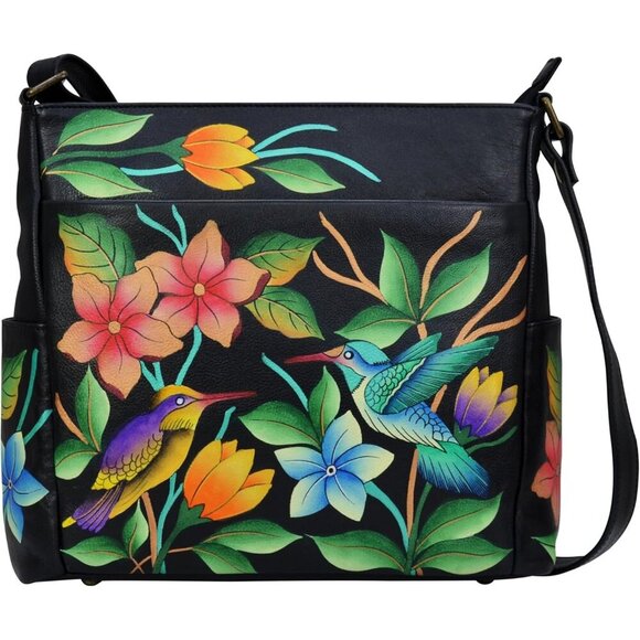 Stylish Hand-Painted Leather Crossbody with Side Pockets & Adjustable Strap